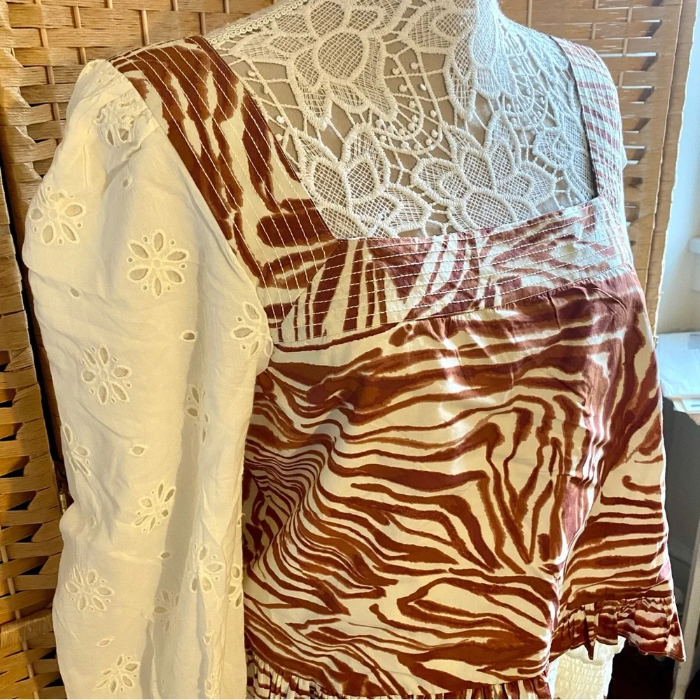 NWT: Anthropologie Love the Label Smocked Puff Sleeve Blouse Neutral Zebra XL